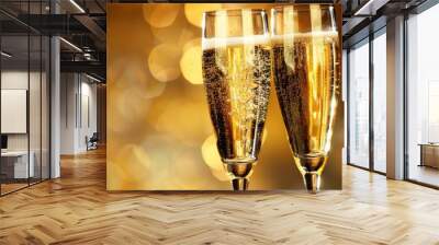 Two glasses of sparkling champagne being clinked together in a celebratory gesture with a bokeh background Wall mural