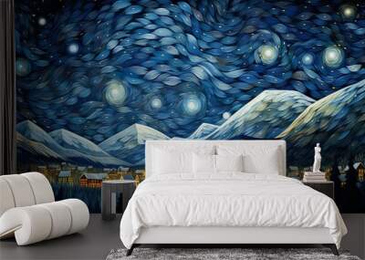 Unique digital art piece inspired by Van Gogh's Starry Night, featuring a colorful, swirling depiction of a mountain town Wall mural