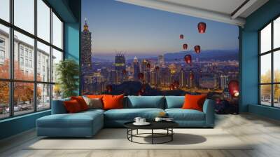 fire paper lanterns in the night sky with nice background Wall mural