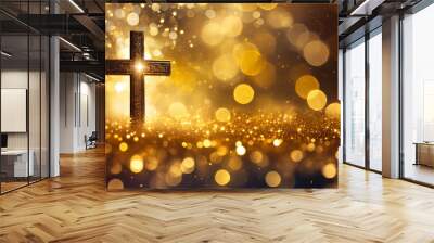 beautiful gold bokeh background with a christian cross Wall mural