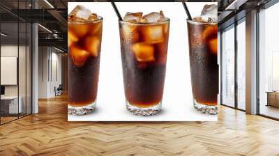 cold brown drink in tall tall glass with water droplets closeup cold brew iced americano coffee with ice cubes no straw side view clipping path on white background Wall mural