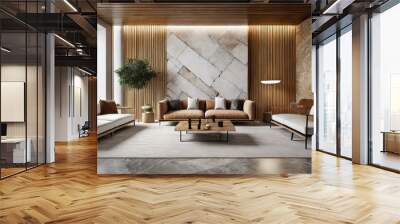 contemporary style interior with sofas decorations and a wall panel made of wood and stone mockup for an illustration generative ai Wall mural