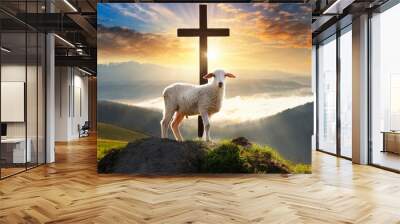 resurrection of jesus christ concept god lamb in front of the cross of jesus christ on sunrise background generative ai Wall mural