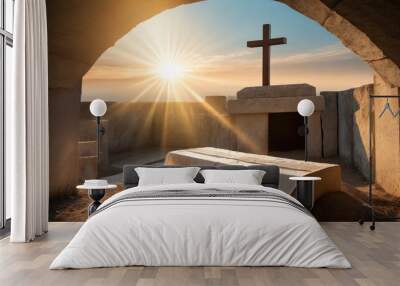 tomb empty with shroud and crucifixion at sunrise resurrection of jesus christ Wall mural