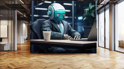 a robot sitting at a desk in front of a laptop represent a boring work life Wall mural