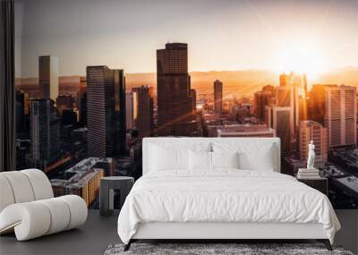 aerial drone photo - city of denver colorado at sunset Wall mural