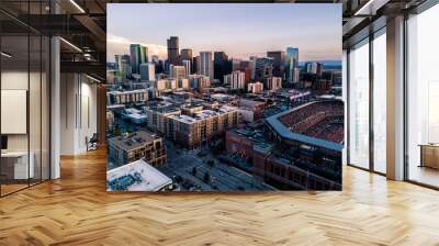 Aerial drone photo of the city of Denver skyline at sunset Wall mural