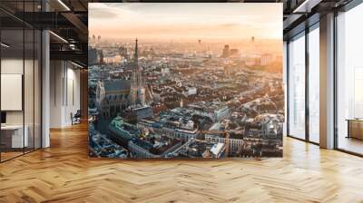 Aerial Drone Photo - Sunrise over St. Stephens Cathedral.  Vienna, Austria Wall mural