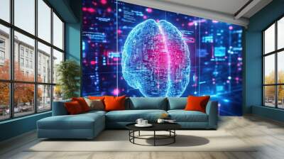 AI human brain being protected by layers of encryption firewalls biometric locks human intelligence and artificial cybersecurity systems in futuristic world Wall mural