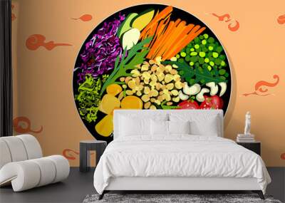 Useful and healthy food. Fresh vegetables and herbs, tomatoes and beans with sesame improve your health. Wall mural