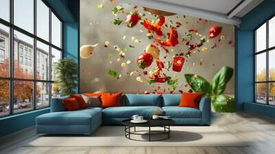 Flying Spices and Fresh Ingredients in a Ladle - Dynamic Culinary Composition with Garlic, Peppers, and Herbs Wall mural