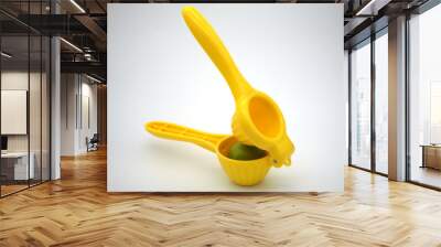 Manual citrus press. Yellow squeezer with green lemon isolated on white background Wall mural