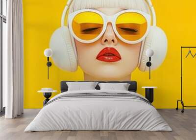 Stylish Young Woman with Platinum Hair, Yellow Sunglasses, and White Headphones on Vibrant Yellow Background Wall mural