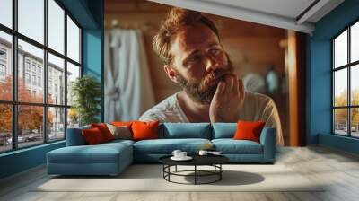 Thoughtful Bearded Man in Casual Attire Sitting Indoors, Reflecting in Soft Natural Light Wall mural