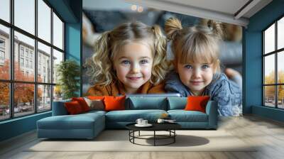 Two Cute Little Girls Lying on Cozy Carpet Playing on Tablet in a Warm and Festive Home Setting Wall mural