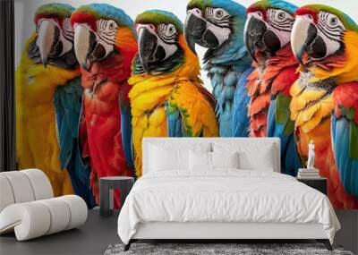 Vibrant group of colorful macaws in close-up, showcasing their vivid feathers and distinctive markings in a tropical setting Wall mural