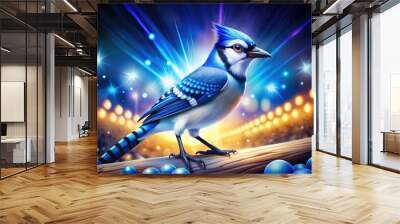 An energetic blue jay mascot leaps into action, surrounded by a vivid and colorful background, perfectly capturing the essence of sportsmanship and team spirit. Wall mural