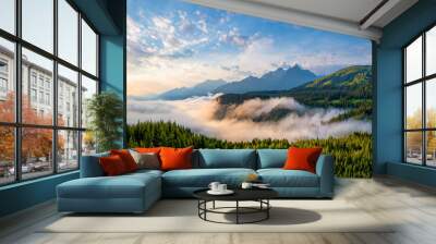 A misty morning in the beautiful Wildschönau region of Austria. It lies in a remote alpine valley at around 1,000m altitude on the western slopes of the Kitzbühel Alps. Wall mural