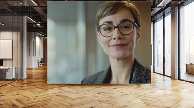 Businesswoman teacher lecturer professor with eyeglasses spectacles short hair female Caucasian in suit look at camera Wall mural