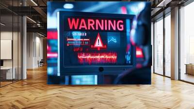 Cybersecurity warning alert on computer screen IT officer specialist look at monitor risk of digital attacks hacking systems networks program Wall mural