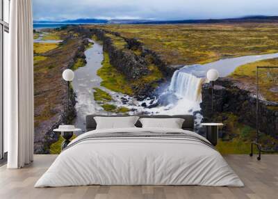 Aerial panorama of the Oxarafoss waterfalls in Iceland Wall mural