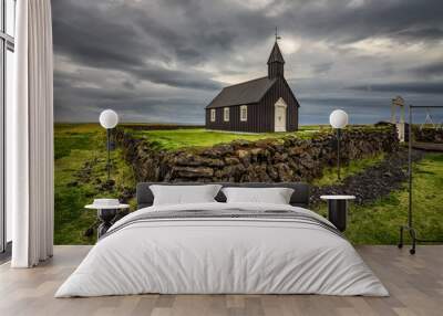 Black wooden church of Budir in Iceland Wall mural