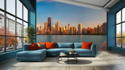 Chicago skyline at sunset viewed from North Avenue Beach Wall mural