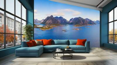 Panorama of Reine fishing village and high mountains on Lofoten islands, Norway Wall mural