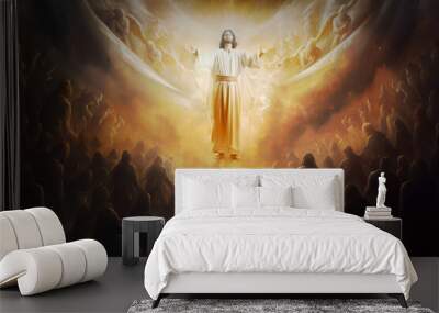 Jesus Christ our saviour, son of god, rises up to heaven in bright healing light, saving his followers and angels Wall mural