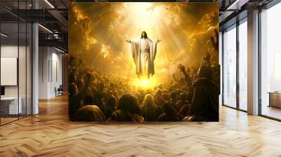 Jesus Christ son of god surrounded by followers and bright light returning to heaven Wall mural