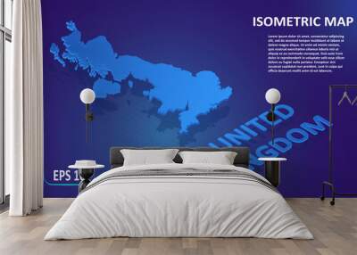 Isometric map of UNUTED KINGDOM. Flat map of the European country on blue background. Modern isometric or 3d location map with place for text or description. Isolated 3D concept for infographic.EPS10 Wall mural