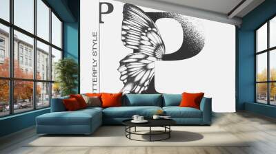 Letter P with butterfly silhouette. Monarch wing butterfly logo template isolated on white background. Calligraphic hand drawn lettering design. Alphabet concept. Monogram vector illustration Wall mural