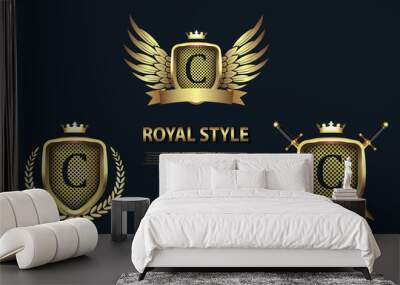 Set of modern heraldic shields with crowns and initial letter C isolated on black background. 3D letter monogram different shapes in golden style. Design elements for logo, label, emblem, sign, icon. Wall mural