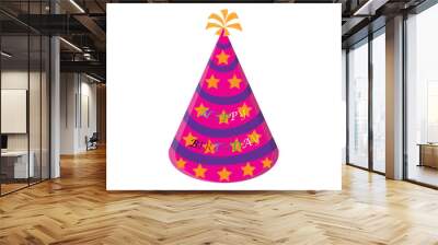 a vector hat for a birthday party in the shape of a pink cone with a star pattern and a blue line that circles the bottom of the hat and has colorful writing HAPPY BIRTHDAY in the middle. Wall mural