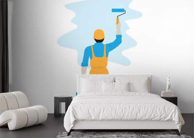 cartoon caricature vector design of a construction worker wearing yellow and blue work clothes painting a wall holding a can of paint and a paint roller Wall mural