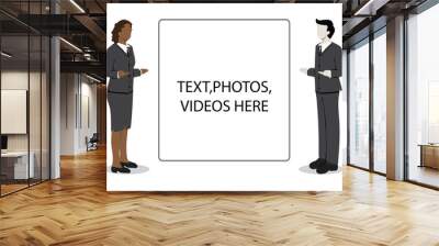 vector of two men and women wearing black suits standing while pointing their hands as a symbol of welcome and there is a white box in the middle that says TEXT, PHOTOS, VIDEOS HERE Wall mural