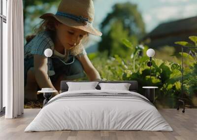 Kid child with straw hat crouch take care of plant vegetables on soil ground sun light shine through Wall mural