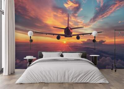 Plane flying in sky at sunset beautiful clouds colorful sky seen from behind soaring high above ground as it glides through air sense of freedom adventure travel to distant places or explore new lands Wall mural