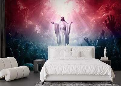 Red and Blue stylized illustration of Jesus returning to guide his followers back to heaven with bright light Wall mural