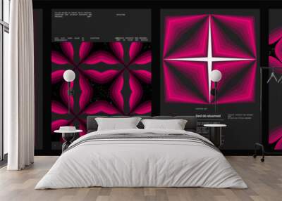 Abstract poster design set. Vertical format wall art, interior mockup. Magenta, white, black composition. Geometric neon illustration with space and y2k style elements. Wall mural