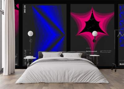 Abstract poster design. Vertical format wall art, interior mockup.  Magenta, blue composition. Geometric neon illustration with sci fi space and y2k style elements. Wall mural