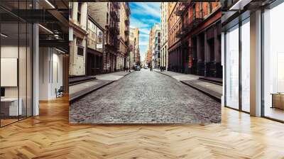 New York City old SoHo Downtown paving stone street with retail stores and luxury apartments Wall mural