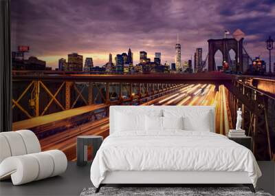 Night car traffic on Brooklyn Bridge in New York City Wall mural