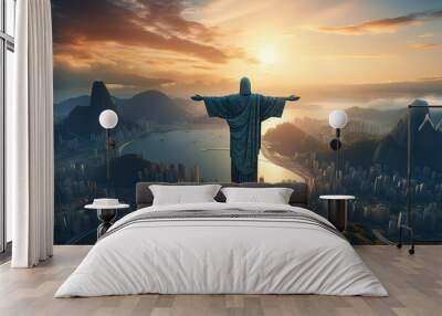 Statue monument of Jesus Christ with a sunset and lake in a futuristic modern utopia setting Wall mural