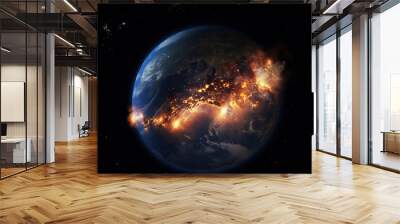 The earths core burst with fire due to global warming climate change, view from space of world on fire Wall mural