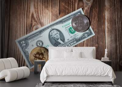 Physical version of Bitcoin, new virtual money, and banknotes of two dollar on a wooden background. Conceptual image for worldwide cryptocurrency and digital payment system. Wall mural