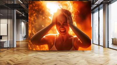 Woman in tank top sweating hands above head stressful painful angry uncomfortable expression under extreme hot summer day Wall mural