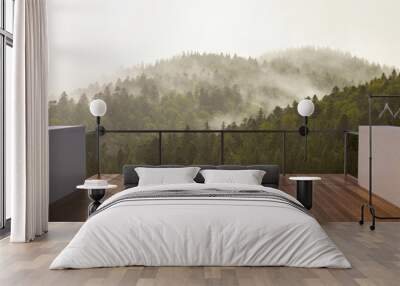 Balcony view of  mountains. Landscape. Sunny Day. Terrace with a beautiful view. Wall mural