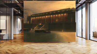 A hydroelectric dam releasing water with powerful currents at sunset, showcasing sustainable energy and industrial infrastructure in Fantasy World Illustration Wall mural