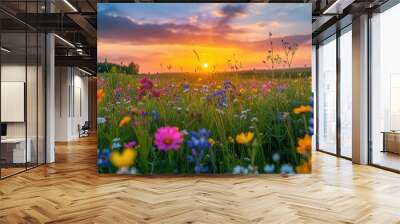 Beautiful field with colorful wild flowers foggy landscape at sunrise or dawn Wall mural